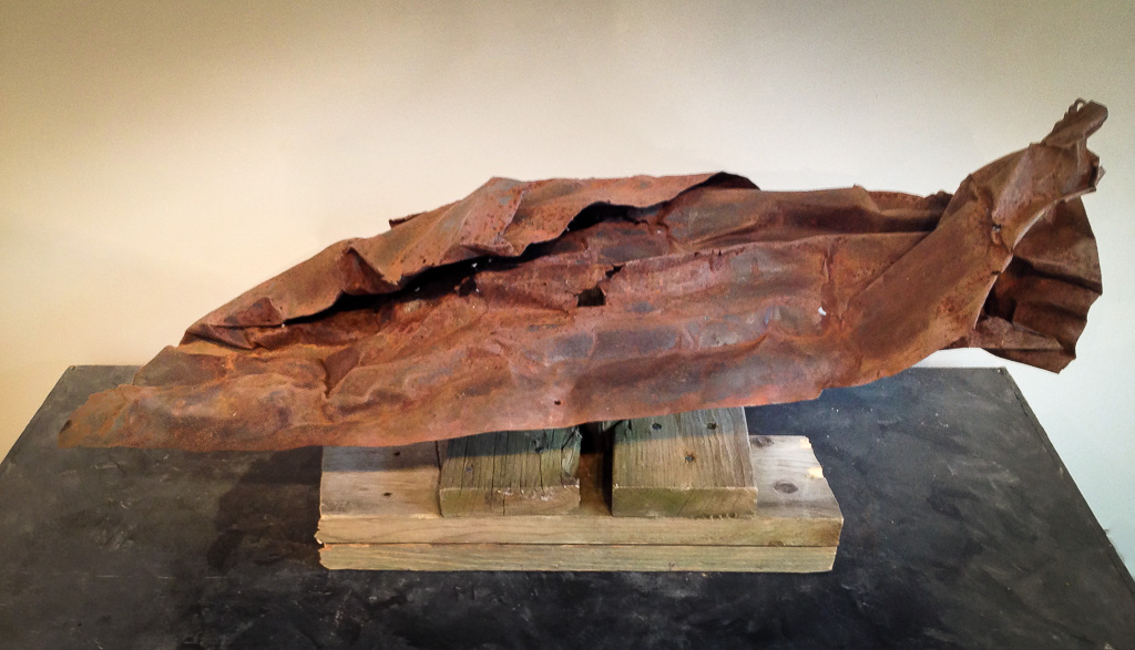 Wave top left view, metal and wood, 17'H x 41"W x 16"D